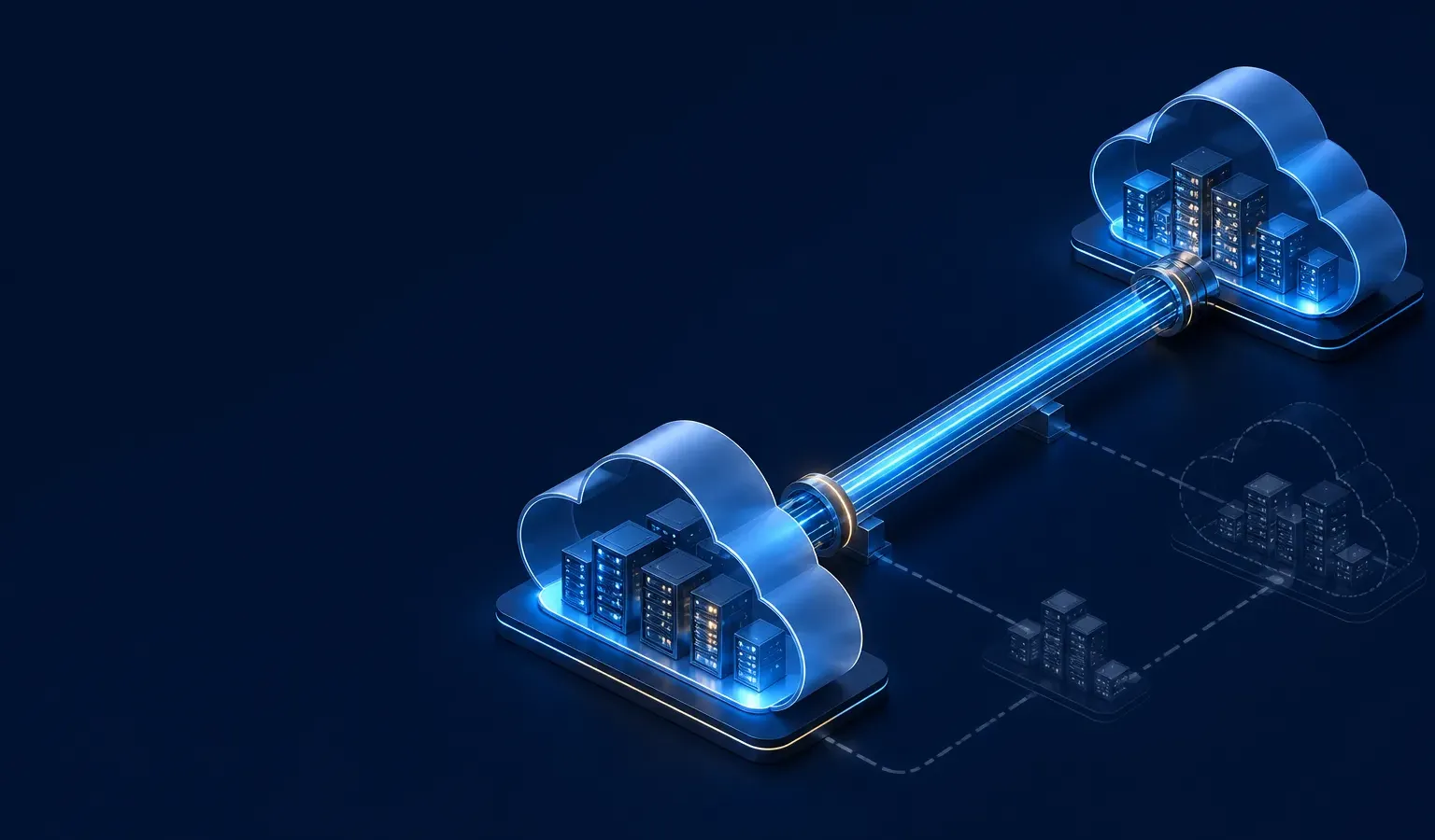 Deep navy Chinaready Insights cover with a right-weighted private conduit linking two cloud volumes, public path dimmed; left field open for title scrim; no headline text in the image.
