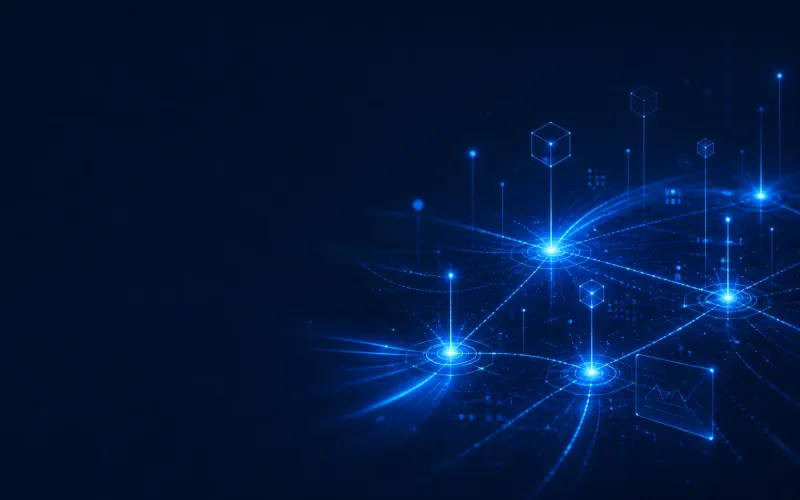 Luminous probe nodes and latency paths glowing across a deep navy network field