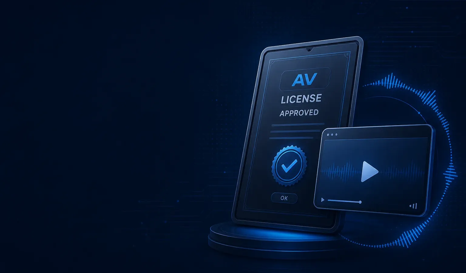 Deep navy Chinaready Insights cover with a right-weighted phone showing an AV license-approved screen paired with a floating playback frame and waveform ring; left field open for title scrim; English-only glyphs; no Chinese characters or article headline text in the image.