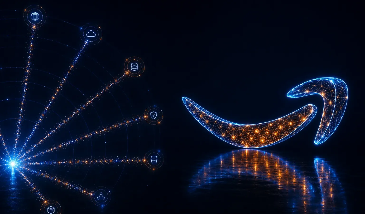 A glowing wireframe AWS smile-arrow logo on a deep navy background, with radial service spokes and hub nodes on the left — catalog hub motif, not horizontal streams through a light barrier.