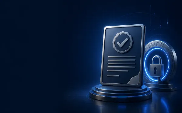 Deep navy Chinaready Insights cover with a right-weighted sealed approval certificate paired with a locked portal gate; left field open for title scrim; no headline text in the image.