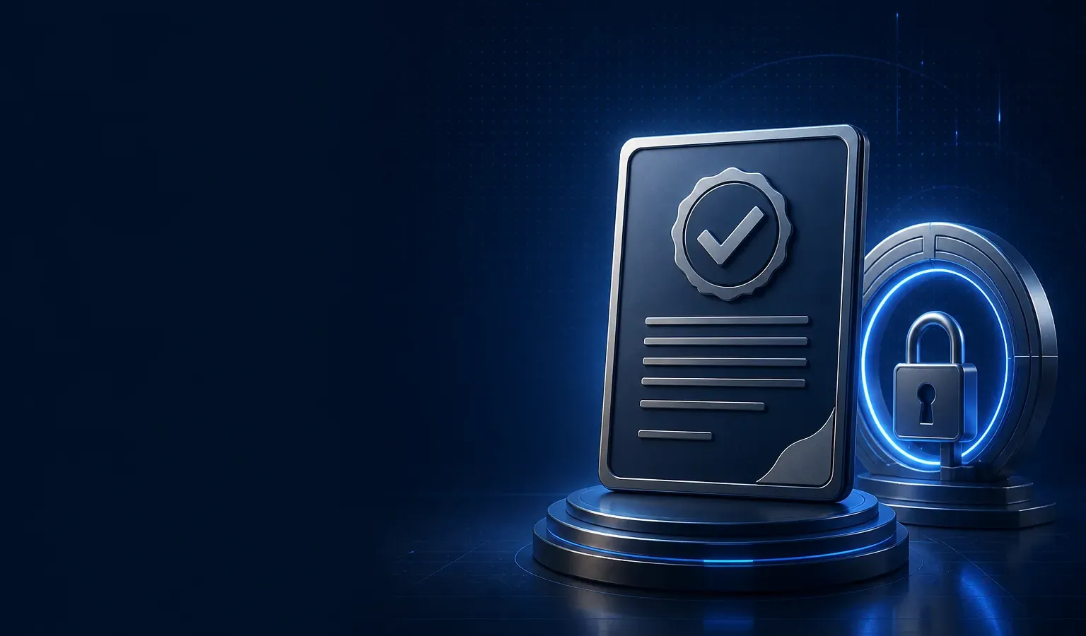 Deep navy Chinaready Insights cover with a right-weighted sealed approval certificate paired with a locked portal gate; left field open for title scrim; no headline text in the image.