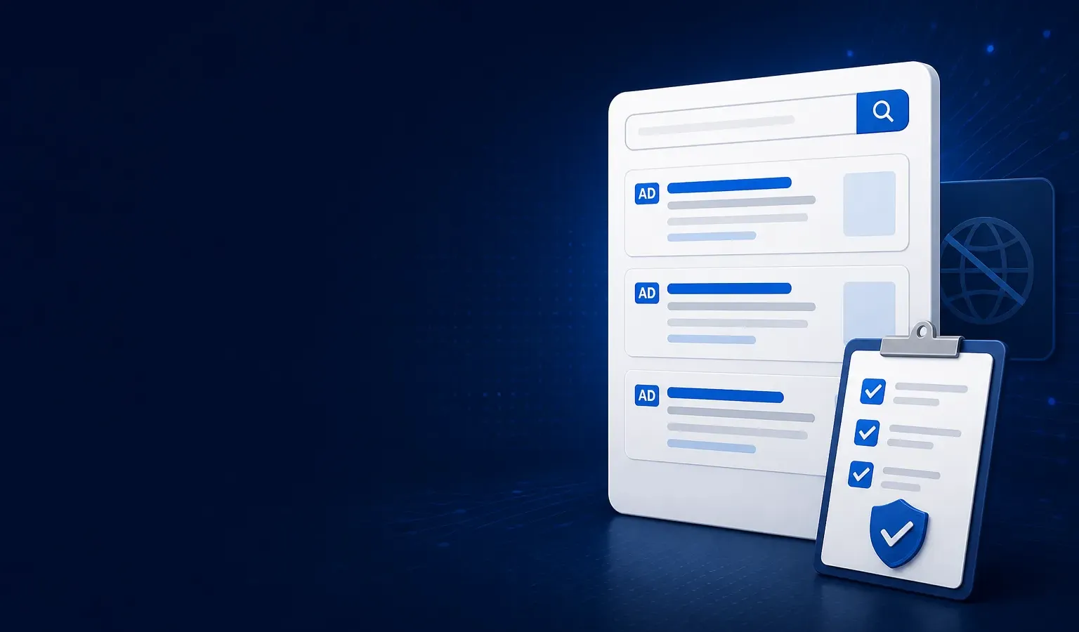Deep navy Chinaready Insights cover with a right-weighted search-ad results panel, verification clipboard with checkmarks, and a crossed globe tile; left field open for title scrim; no headline text in the image.