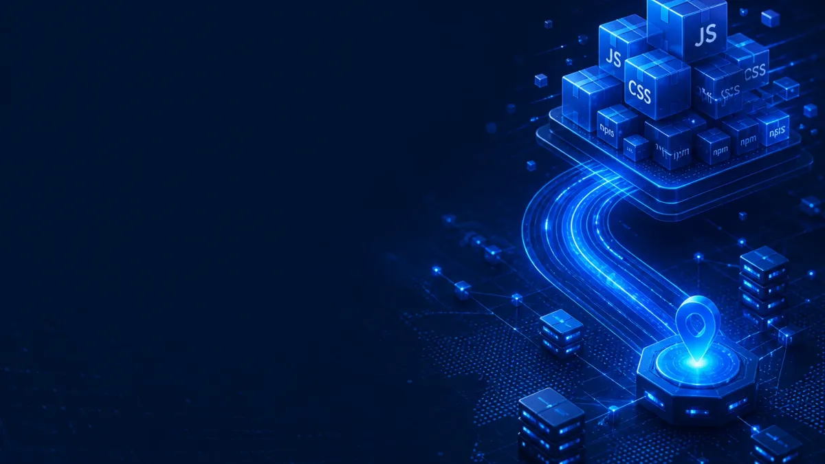 Deep navy Chinaready product cover with a right-weighted stack of glowing JS, CSS, and npm package cubes flowing along CDN path arcs into an edge delivery node; left field open for title scrim; no headline text.