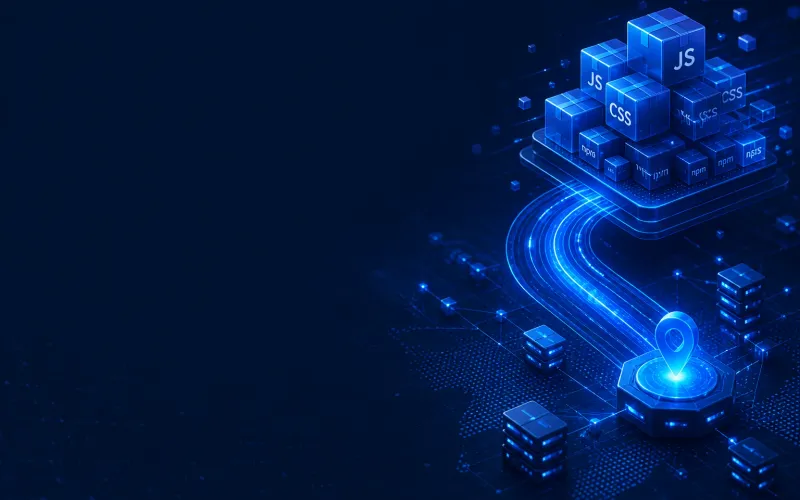 Deep navy Chinaready product cover with a right-weighted stack of glowing JS, CSS, and npm package cubes flowing along CDN path arcs into an edge delivery node; left field open for title scrim; no headline text.