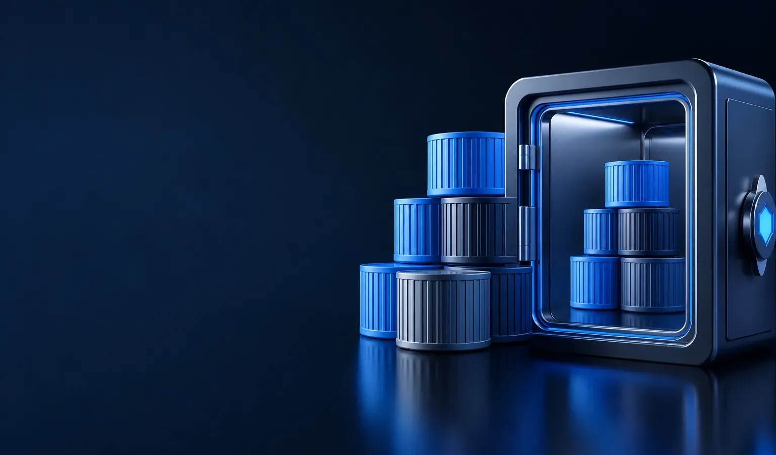 Deep navy Chinaready Insights cover with a right-weighted private registry vault and mirrored container cylinders; left field open for title scrim; no headline text in the image.