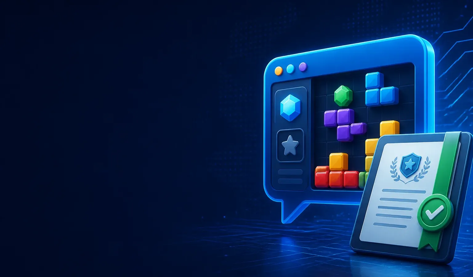 Deep navy Chinaready Insights cover with a right-weighted chat-bubble Mini Game window and game-pad motif paired with a publisher approval tablet and check rail; left field open for title scrim; no headline text in the image.