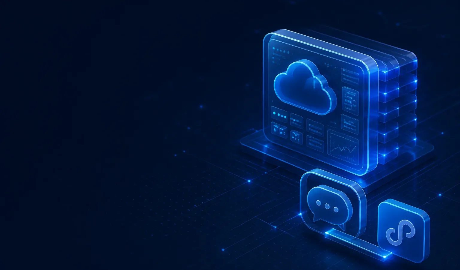 Deep navy Chinaready Insights cover with a right-weighted translucent cloud control-plane panel linked to chat-bubble and Mini Program tiles; left field open for title scrim; no headline text in the image.