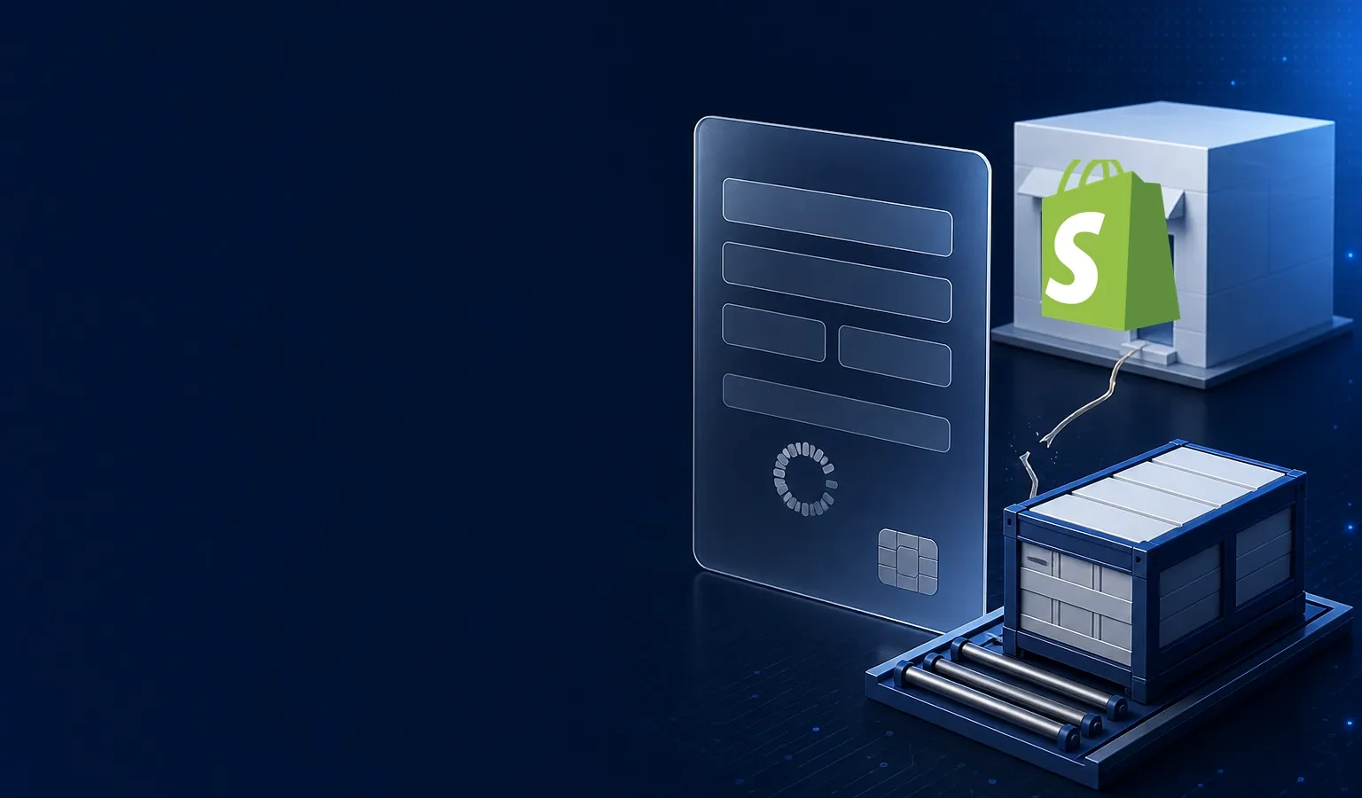 Deep navy Chinaready Insights cover with a right-weighted stalled checkout slab beside an overseas storefront cube and a China-side fulfillment crate, paired with the official Shopify shopping-bag mark; left field open for title scrim; no headline text in the image.