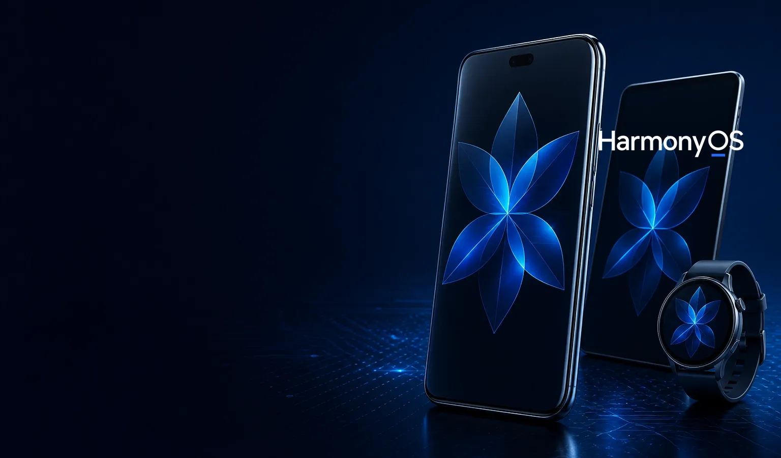 Deep navy Chinaready Insights cover with a right-weighted glass phone and companion devices showing a geometric flower-OS bloom; official HarmonyOS wordmark at about one-third height on the right; left field open for title scrim; no headline text in the image.