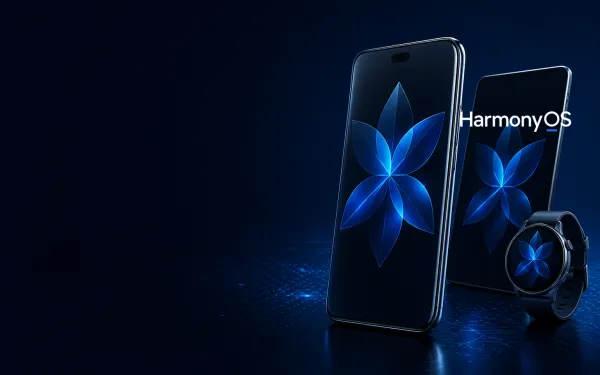 Deep navy Chinaready Insights cover with a right-weighted glass phone and companion devices showing a geometric flower-OS bloom; official HarmonyOS wordmark at about one-third height on the right; left field open for title scrim; no headline text in the image.