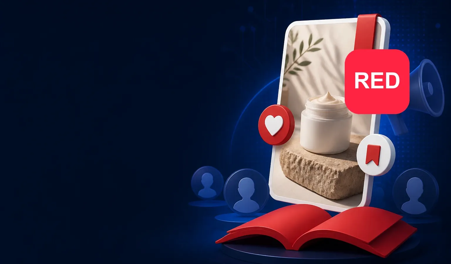 Deep navy Chinaready Insights cover with a right-weighted lifestyle note card, red open-book motif, Latin-only RED app mark, creator chips, and muted ads accent; left field open for title scrim; no article headline text or Chinese characters in the image.