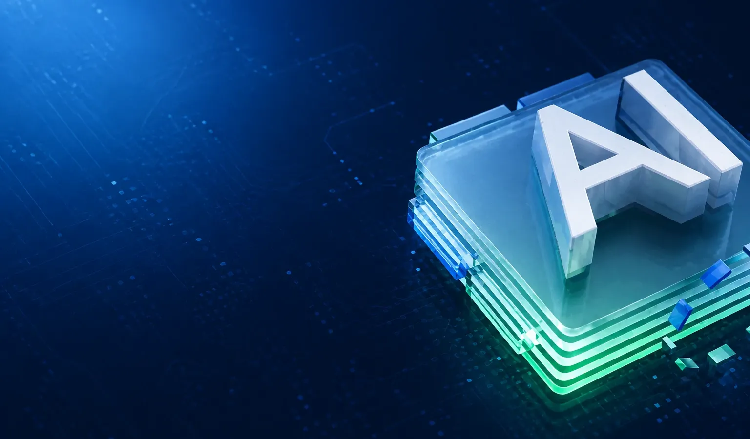 Deep navy Chinaready Insights cover with a right-weighted 3D AI letterforms on a translucent chip stack; left field open for title scrim; no headline text in the image.