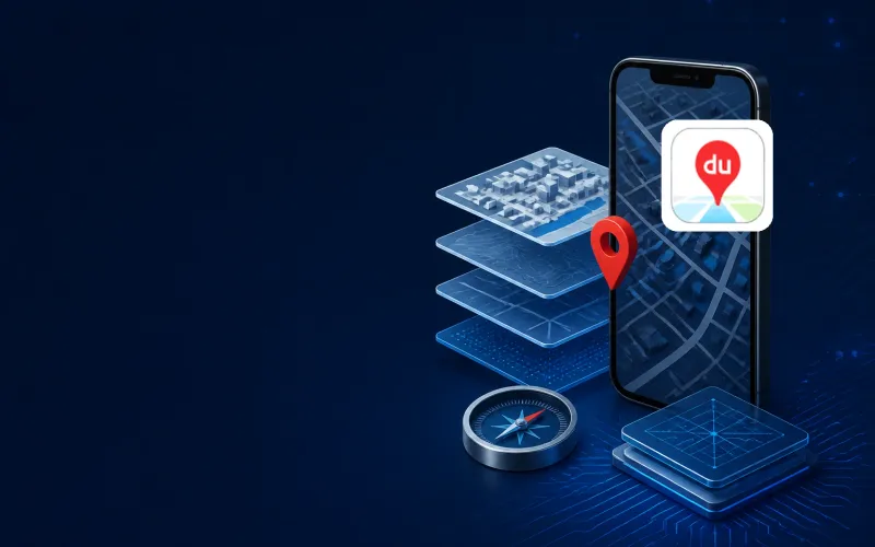 Deep navy Chinaready Insights cover with a right-weighted smartphone and stacked map-tile motif; official Baidu Maps red “du” pin composited on the right at about one-third height; left field open for title scrim; no headline text or Chinese characters in the image.
