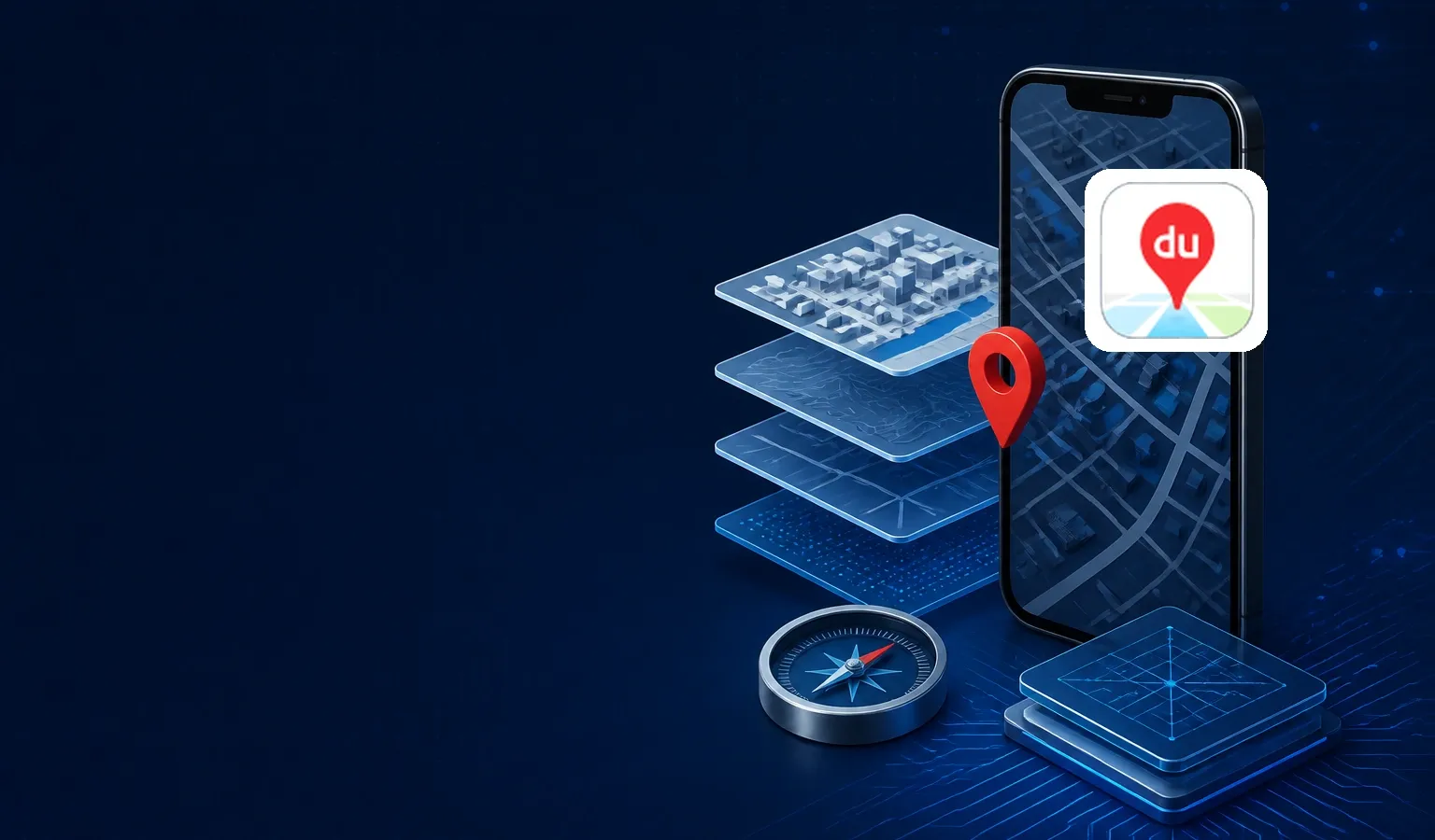 Deep navy Chinaready Insights cover with a right-weighted smartphone and stacked map-tile motif; official Baidu Maps red “du” pin composited on the right at about one-third height; left field open for title scrim; no headline text or Chinese characters in the image.