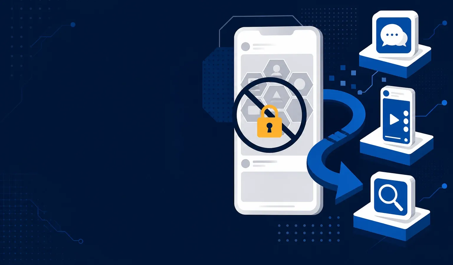 Deep navy Chinaready Insights cover with a right-weighted blocked Meta-style social surface motif paired with a China-native channel remap arrow stack; left field open for title scrim; no headline text or brand logos in the image.