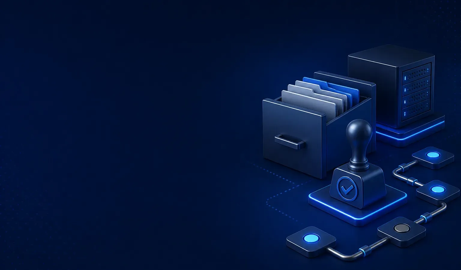 Deep navy Chinaready Insights cover with a right-weighted filing stamp, host/server cube, and clean dependency-node chain; left field open for title scrim; no headline text in the image.