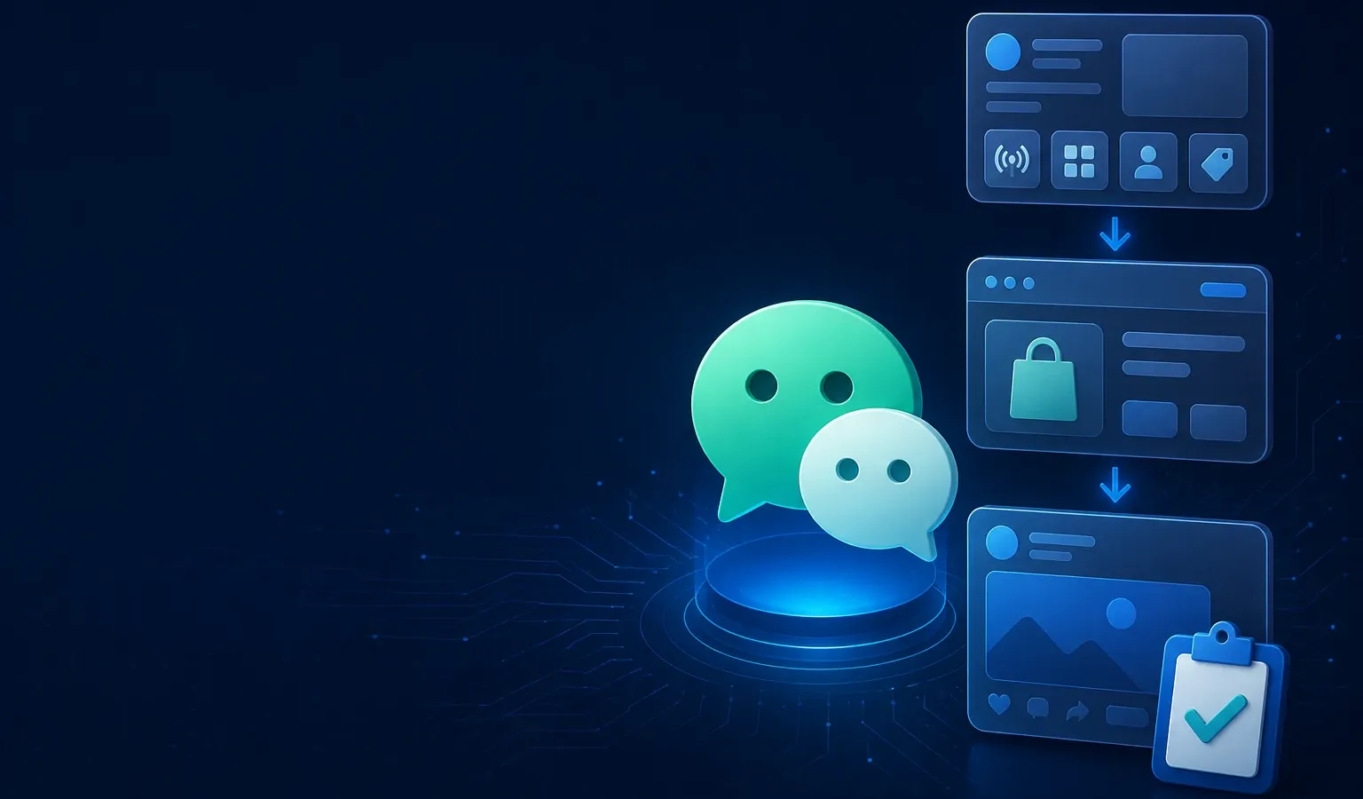 Deep navy Chinaready Insights cover with a right-weighted WeChat chat-bubble mark paired with a three-step sequence strip (channel card, product window, Moments ad tile); left field open for title scrim; no headline text or brand logos in the image.