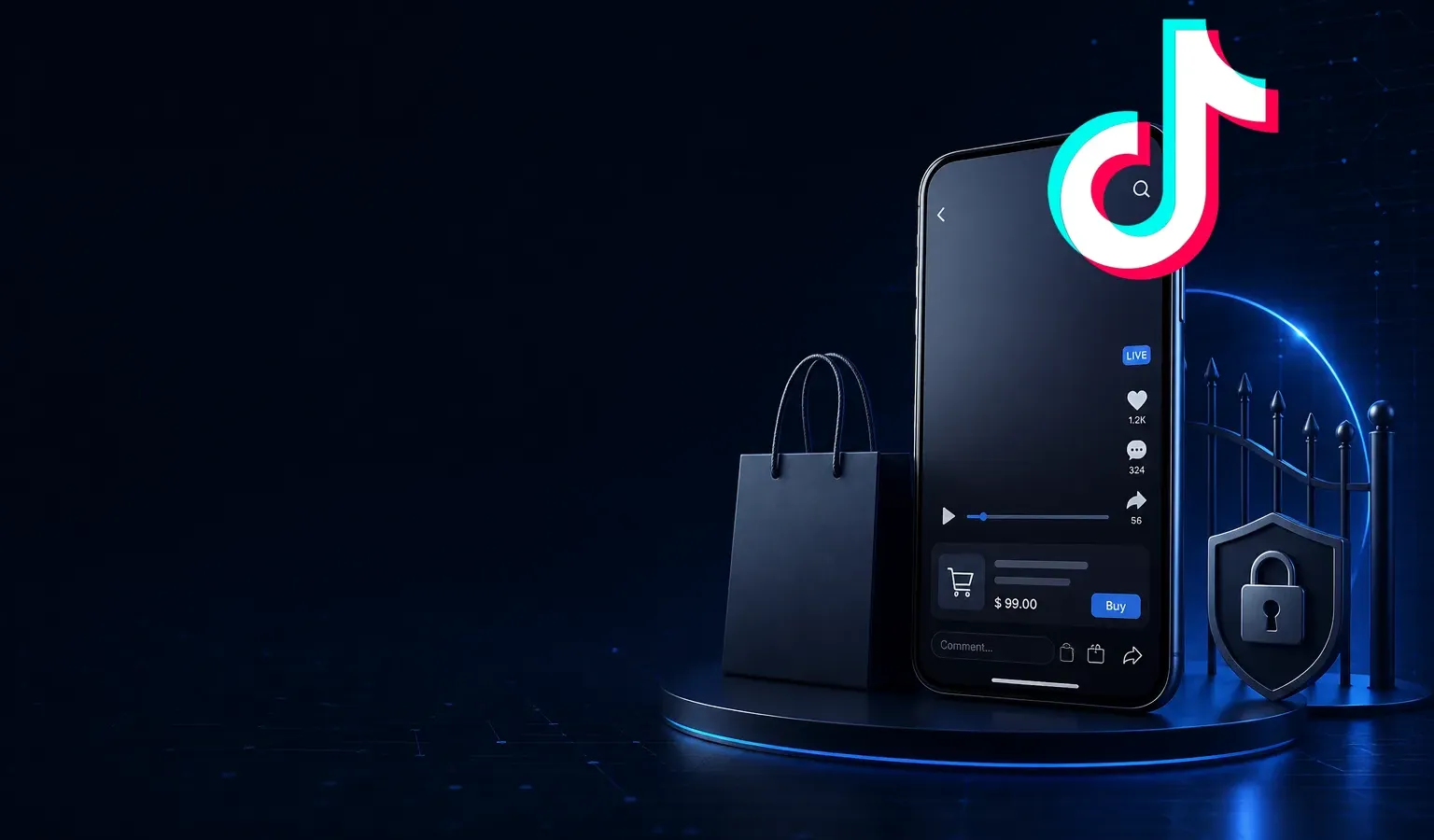 Deep navy Chinaready Insights cover with a right-weighted free-floating official Douyin musical-note mark (cyan and magenta offset, fully visible, no plate) paired with a live-commerce phone rail, shopping bag, and lock-shield gate; left field open for title scrim; English-only UI glyphs; no Chinese characters or article headline text in the image.
