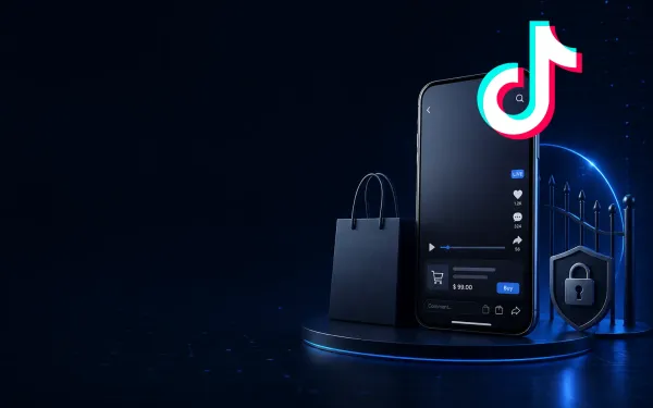 Deep navy Chinaready Insights cover with a right-weighted free-floating official Douyin musical-note mark (cyan and magenta offset, fully visible, no plate) paired with a live-commerce phone rail, shopping bag, and lock-shield gate; left field open for title scrim; English-only UI glyphs; no Chinese characters or article headline text in the image.