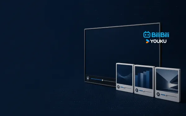 Deep navy Chinaready Insights cover with a right-weighted widescreen long-form player chassis and three destination-order tiles, paired with the official Bilibili 2023 lockup and Youku Global latin mark at about one-third height on the right; left field open for title scrim; no headline text in the image.