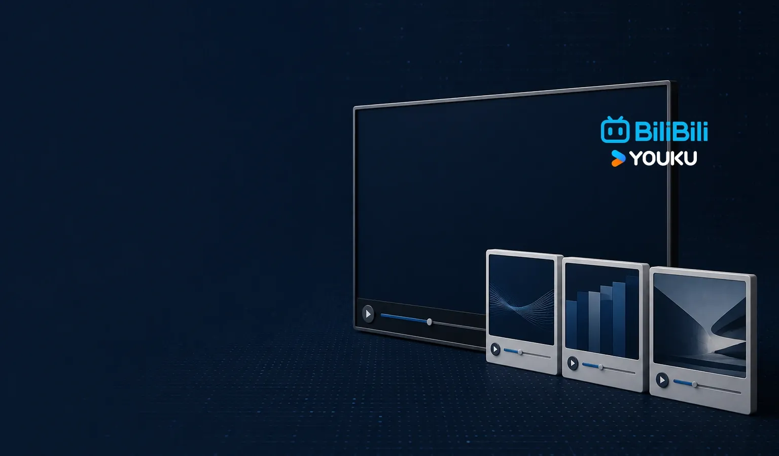 Deep navy Chinaready Insights cover with a right-weighted widescreen long-form player chassis and three destination-order tiles, paired with the official Bilibili 2023 lockup and Youku Global latin mark at about one-third height on the right; left field open for title scrim; no headline text in the image.