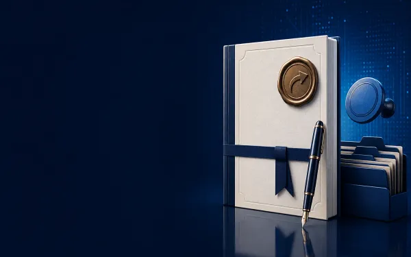 Deep navy Chinaready Insights cover with a right-weighted sealed contract booklet, bronze outbound stamp, fountain pen, and filing folders; left field open for title scrim; no headline text in the image.