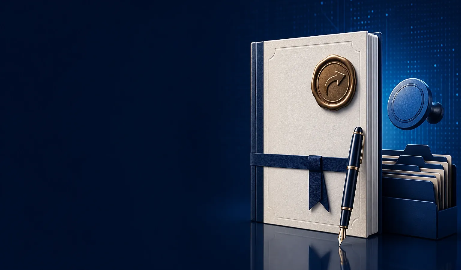 Deep navy Chinaready Insights cover with a right-weighted sealed contract booklet, bronze outbound stamp, fountain pen, and filing folders; left field open for title scrim; no headline text in the image.