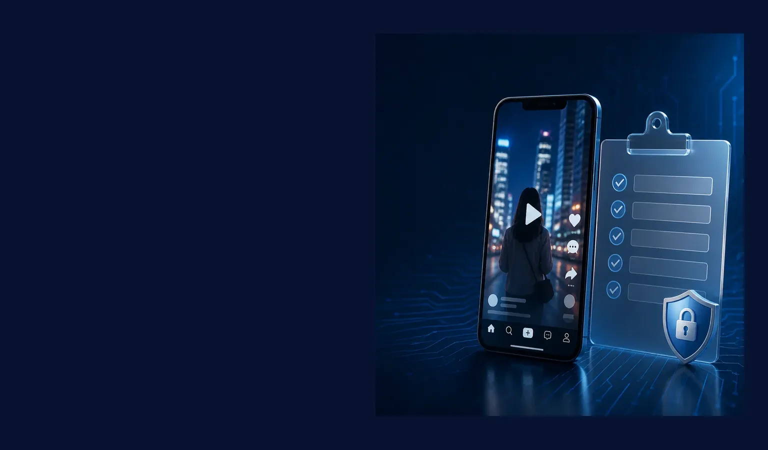 Deep navy Chinaready Insights cover with a right-weighted short-video phone feed paired with a blank checkmark clipboard and lock-shield gate; left field open for title scrim; no headline text or brand logos in the image.