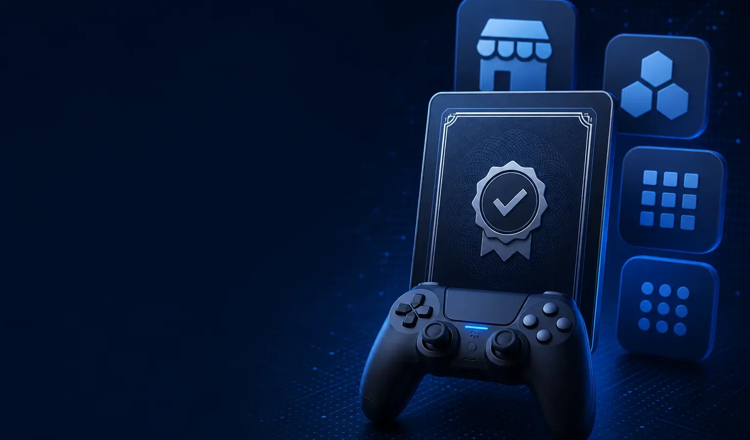 Deep navy Chinaready Insights cover with a right-weighted game controller paired with an approval-certificate tablet and generic store-channel tiles; left field open for title scrim; no headline text in the image.