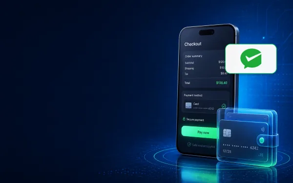 Deep navy Chinaready Insights cover with a right-weighted smartphone and wallet motif; official WeChat Pay checkmark mark composited on a white plate near the upper right at about one-third height; left field open for title scrim; no headline text or Chinese characters in the image.