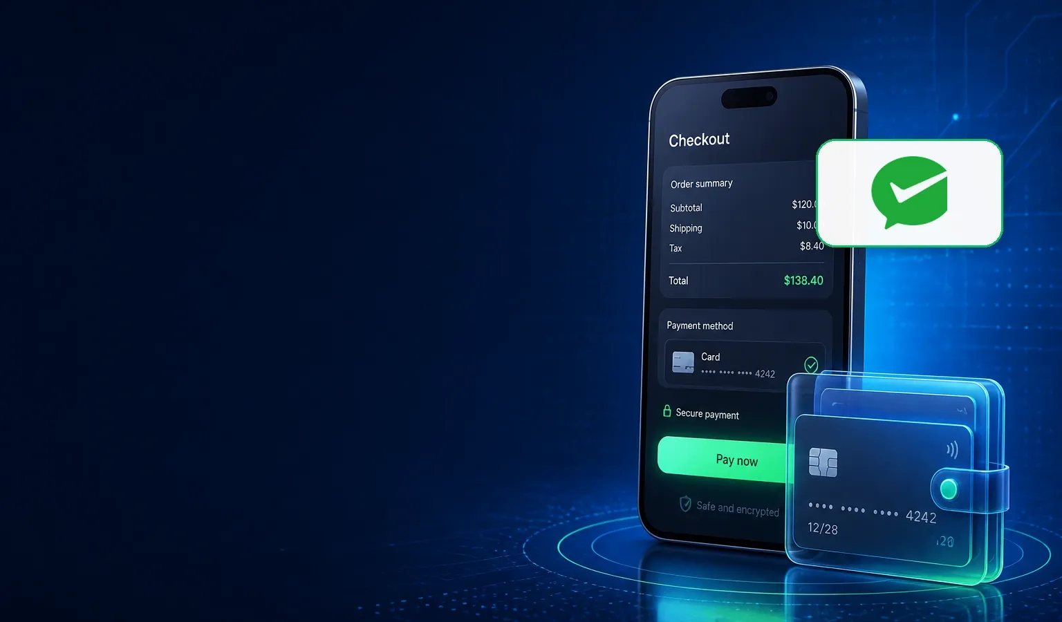 Deep navy Chinaready Insights cover with a right-weighted smartphone and wallet motif; official WeChat Pay checkmark mark composited on a white plate near the upper right at about one-third height; left field open for title scrim; no headline text or Chinese characters in the image.