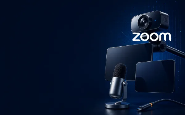 Deep navy Chinaready Insights cover with a right-weighted cluster of a glossy webcam, dual blank meeting tiles, and a conference microphone, paired with the official Zoom wordmark at about one-third height on the right; left field open for title scrim; no headline text in the image.