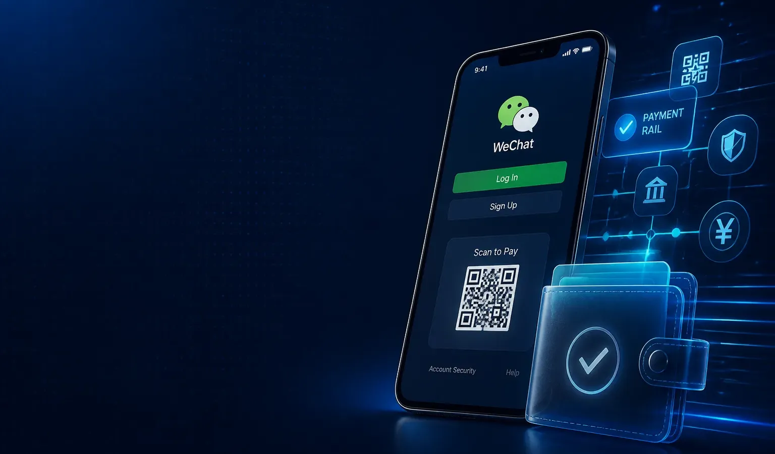 Deep navy Chinaready Insights cover with a right-weighted smartphone showing login and QR-pay UI paired with a translucent digital wallet motif; left field open for title scrim; no headline text in the image.