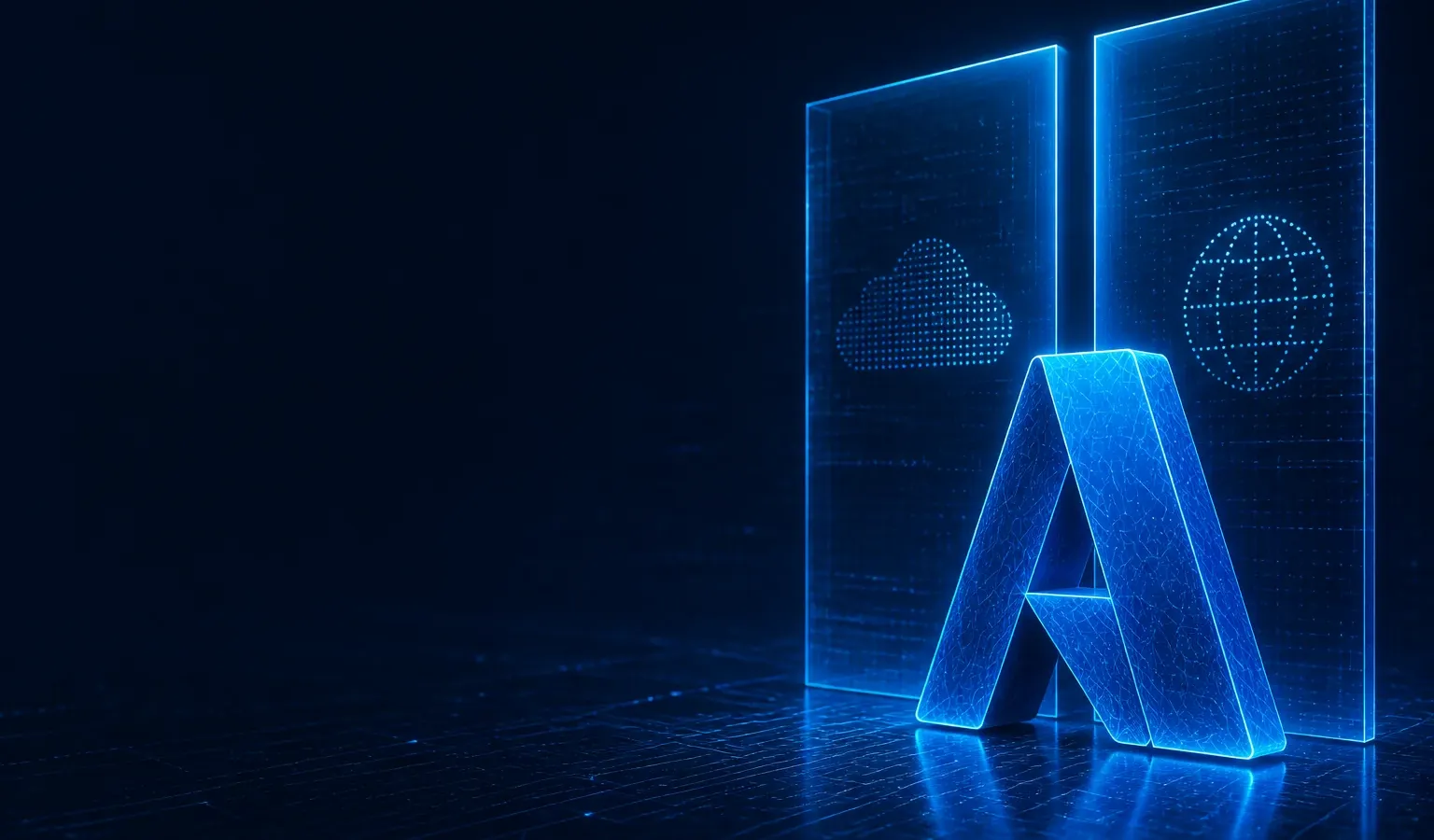Deep navy brand field with a right-weighted 3D wireframe Azure A mark paired with twin translucent partition panels (cloud vs globe icons) — left half open for the title scrim; no baked headline text.