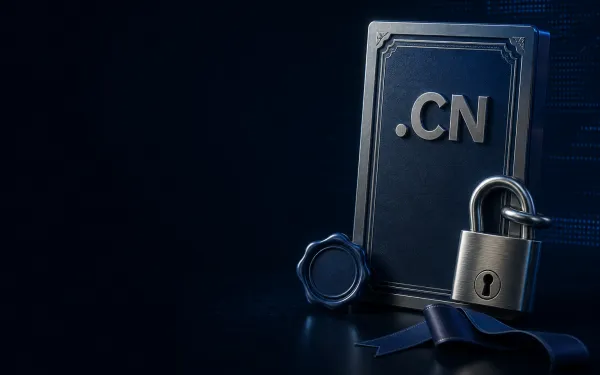 Deep navy Chinaready Insights cover with a right-weighted enamel .CN certificate plaque and a steel registrar padlock, blank wax seal and ribbon at the base; left field open for title scrim; no headline text in the image.