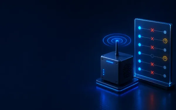 Deep navy Chinaready Insights cover with a right-weighted Mainland China network probe node and glass evidence slab of timeout and connect-fail glyphs; left field open for title scrim; no headline text in the image.
