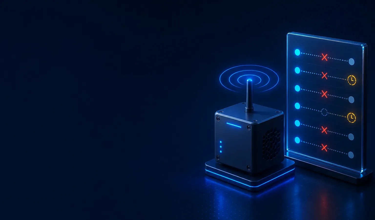 Deep navy Chinaready Insights cover with a right-weighted Mainland China network probe node and glass evidence slab of timeout and connect-fail glyphs; left field open for title scrim; no headline text in the image.