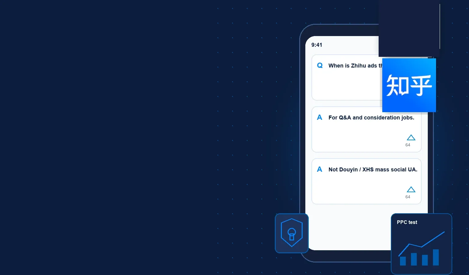 Deep navy Chinaready Insights cover with a right-weighted official Zhihu app mark paired with an English-only Q&A phone feed, lock-shield spend gate, and PPC test chart card; left field open for title scrim; no article headline text baked into the image.