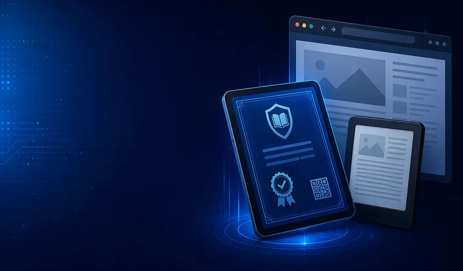 Deep navy Chinaready Insights cover with a right-weighted free-floating digital publishing permit tablet paired with an e-reader stack and browser window motif; left field open for title scrim; English-only UI glyphs; no Chinese characters or article headline text in the image.