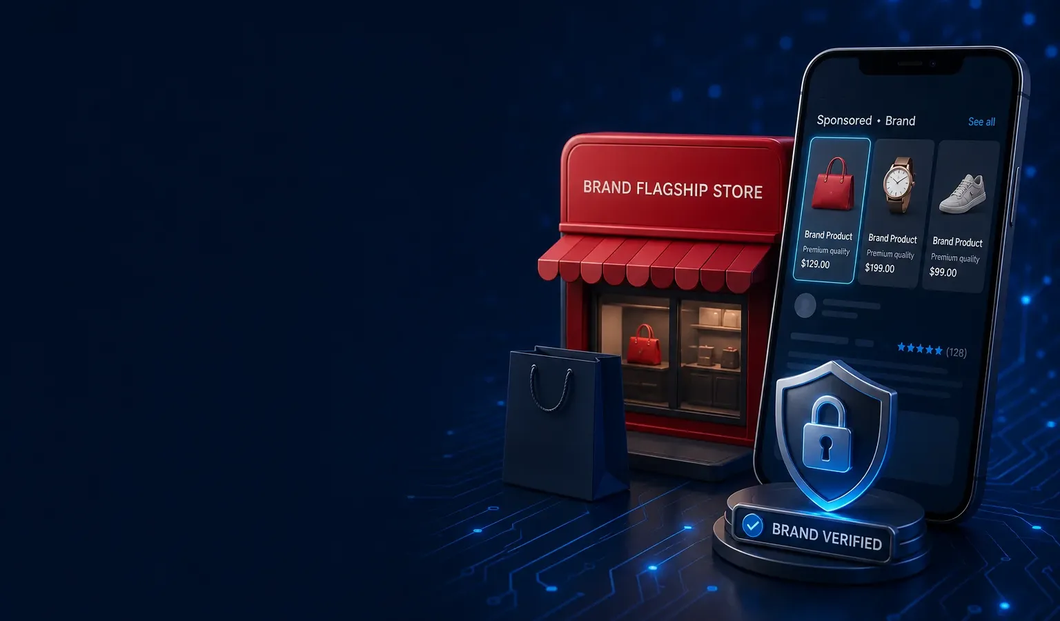 Deep navy Chinaready Insights cover with a right-weighted free-floating Tmall-red brand-flagship storefront tile paired with a sponsored-product phone rail and lock-shield ad gate; left field open for title scrim; English-only UI glyphs; no Chinese characters or article headline text in the image.