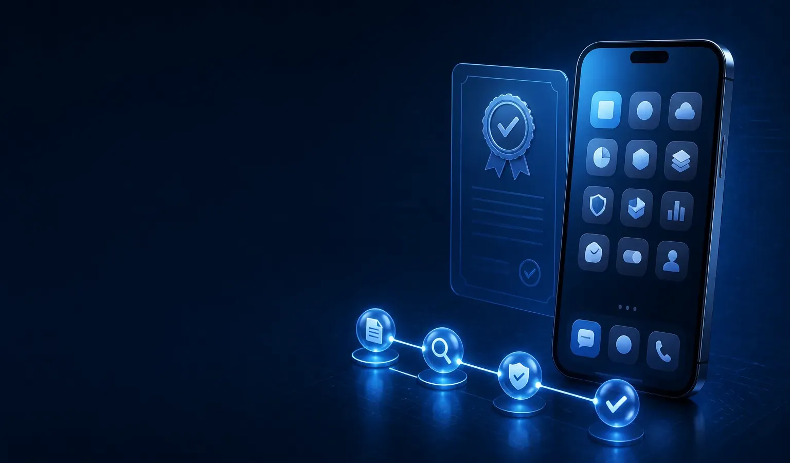 Right-weighted editorial cover on deep navy — smartphone with abstract app icons, floating certificate seal, and a four-node glowing approval process; open left field for the HTML title.