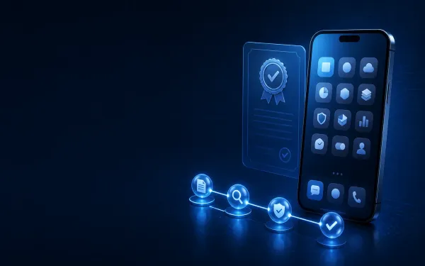 Right-weighted editorial cover on deep navy — smartphone with abstract app icons, floating certificate seal, and a four-node glowing approval process; open left field for the HTML title.