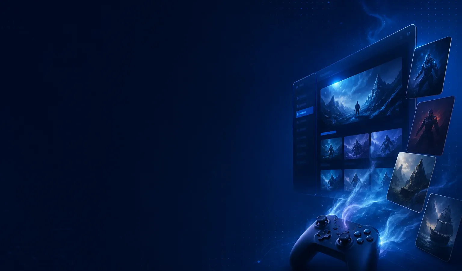 Deep navy Chinaready Insights cover with a right-weighted abstract PC game storefront motif — floating game tiles and soft steam vapor from a controller silhouette; left field open for title scrim; no headline text, logos, or Chinese characters in the image.