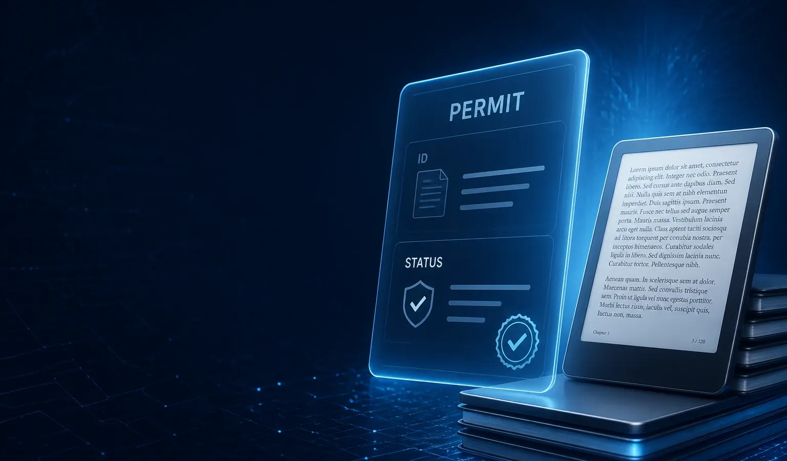 Deep navy Chinaready Insights cover with a right-weighted free-floating digital permit tablet paired with an e-reader stack; left field open for title scrim; English-only UI glyphs; no Chinese characters or article headline text in the image.