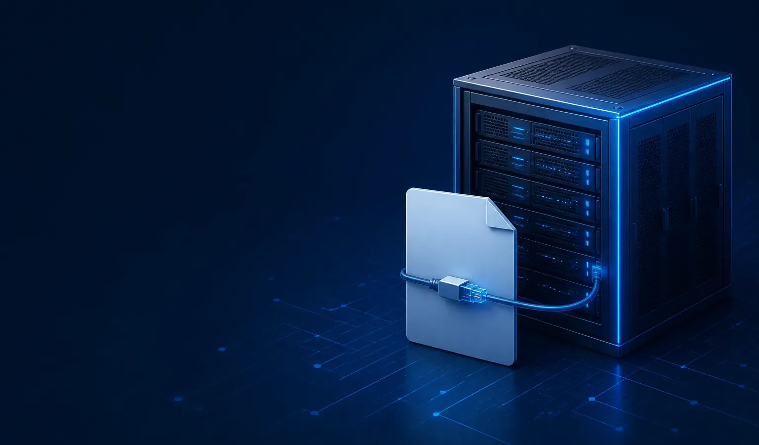 Deep navy Chinaready Insights cover with a right-weighted server rack tethered by a network cable to a blank filing document plate; left field open for title scrim; no headline text in the image.