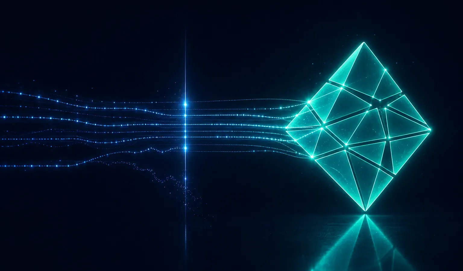 A glowing translucent teal Netlify diamond on a deep navy background, with connection streams crossing a threshold of light — most reaching it, a few fraying.