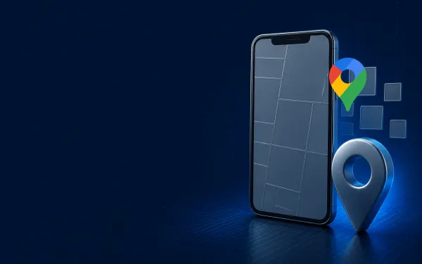 Deep navy Chinaready Insights cover with a right-weighted phone showing an unloaded map-tile grid beside a location pin, paired with the official Google Maps mark; left field open for title scrim; no headline text in the image.