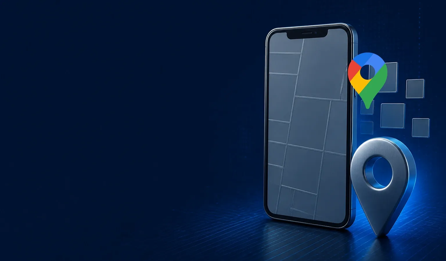 Deep navy Chinaready Insights cover with a right-weighted phone showing an unloaded map-tile grid beside a location pin, paired with the official Google Maps mark; left field open for title scrim; no headline text in the image.