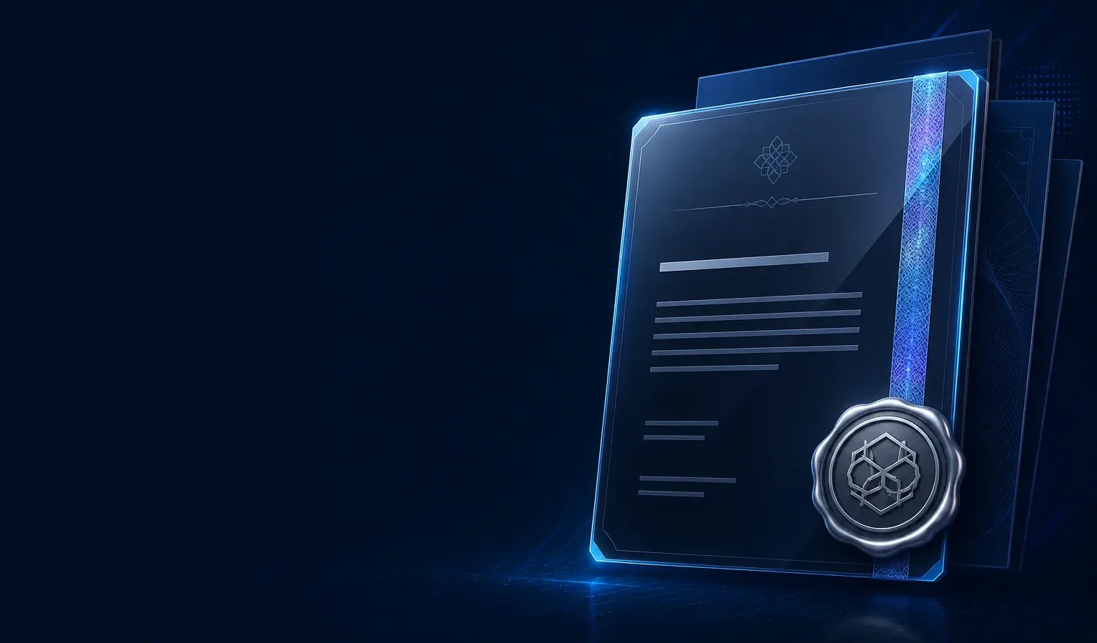 Deep navy Chinaready Insights cover with a right-weighted commercial ICP license certificate and seal motif; left field open for title scrim; no headline text in the image.